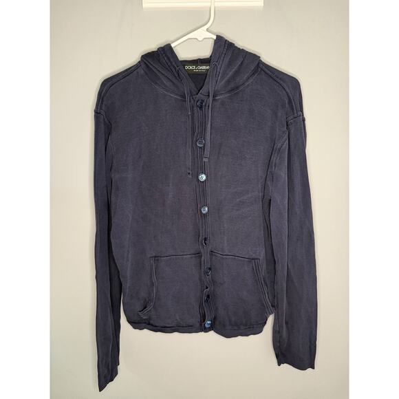 Dolce & Gabbana Silk Long Sleeve Button Front Hoodie Navy Blue Women Sz 14 EU 50 - Picture 5 of 13